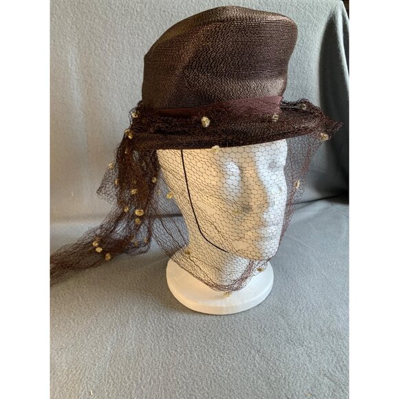 Ladies Brown Hat with netting and Pom Pom accents Sz 22 Vintage main image 6